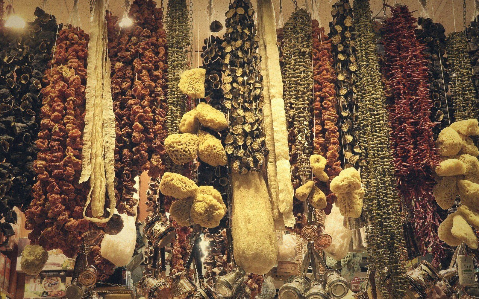 Dried chillies in open sacks at a market stall