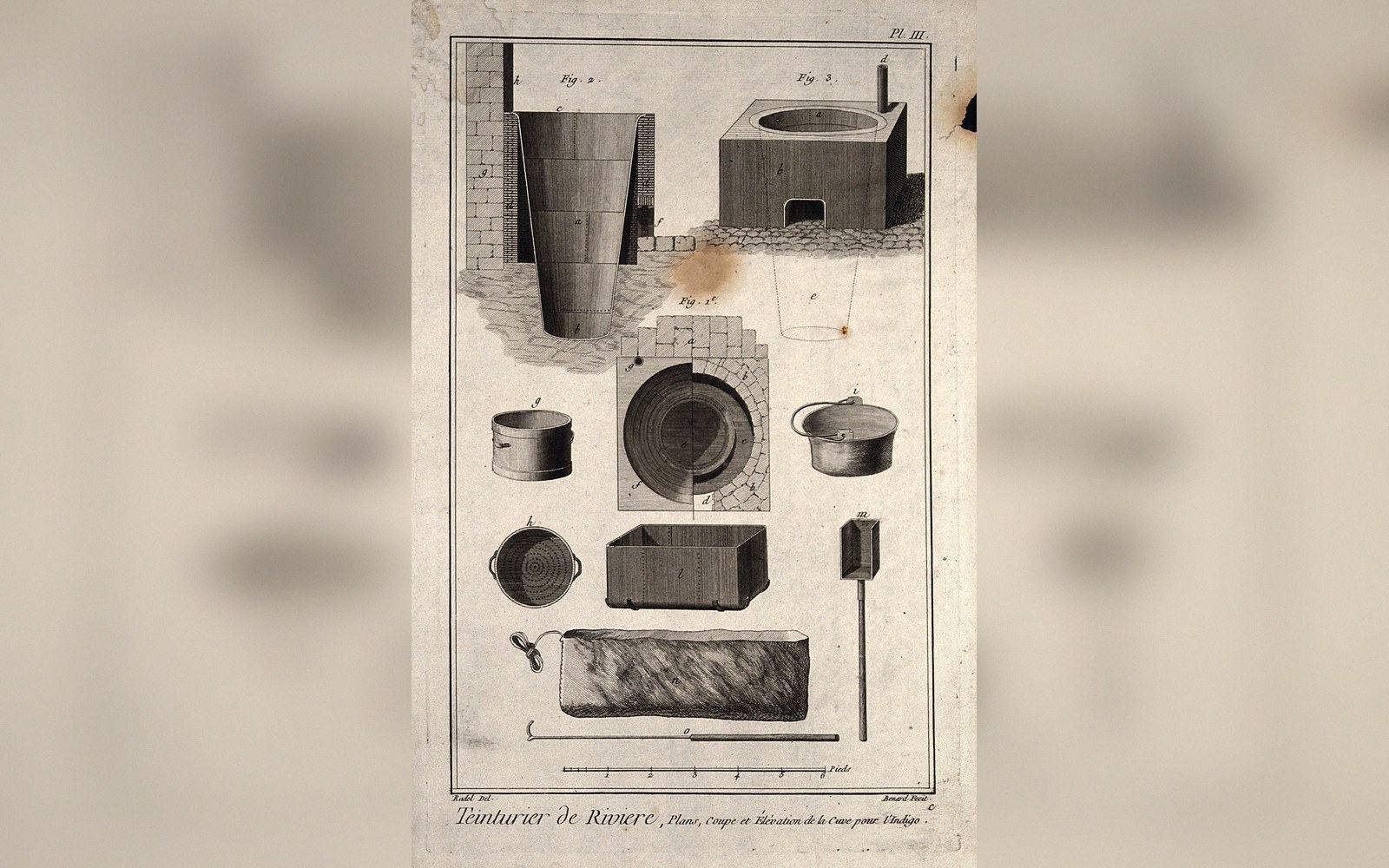 Engraved plate showing a dyer's vat, furnace and various tubs and tools for dyeing
