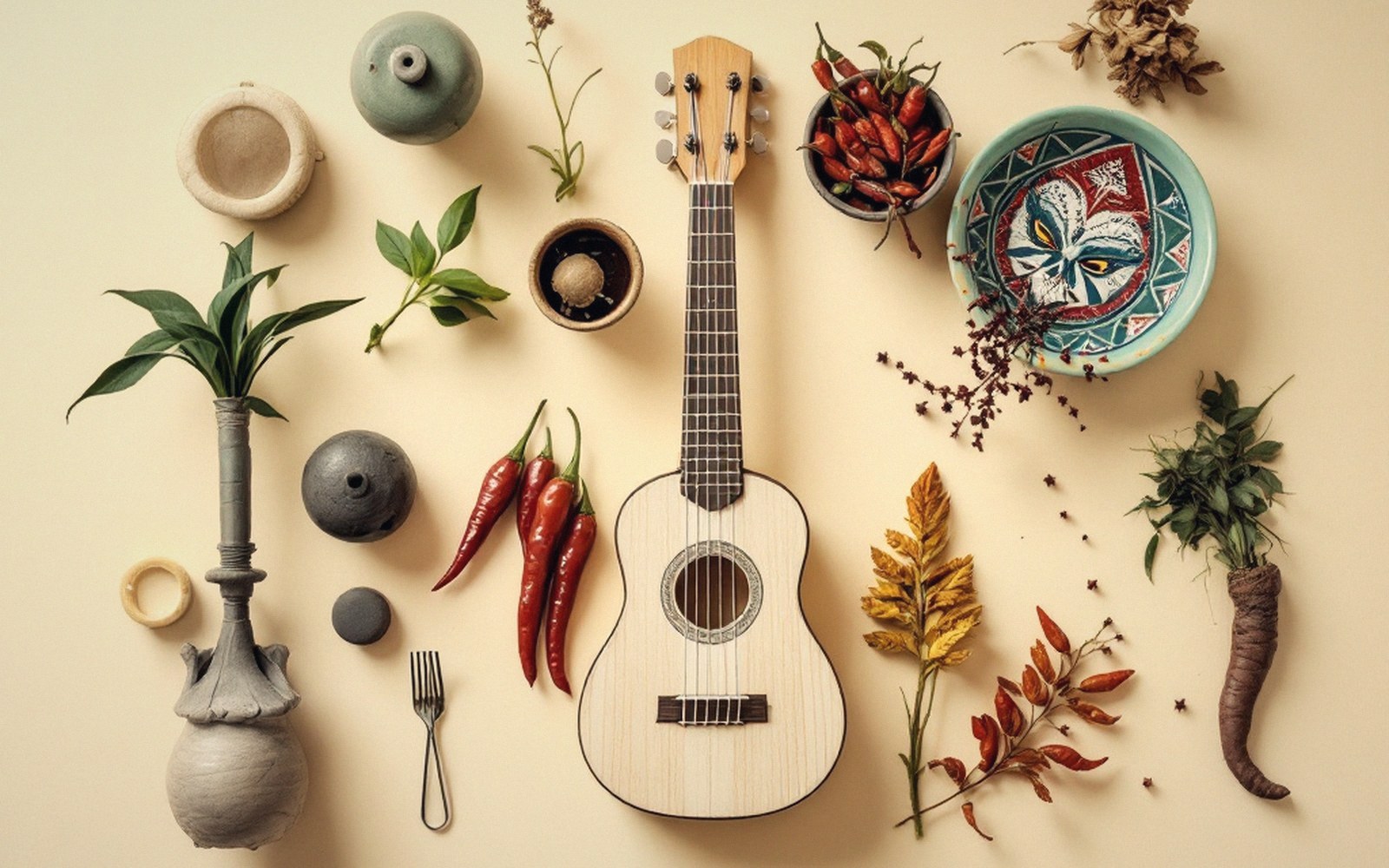Small ukulele arranged with pottery, chili peppers, herbs, dried leaves and a painted bowl