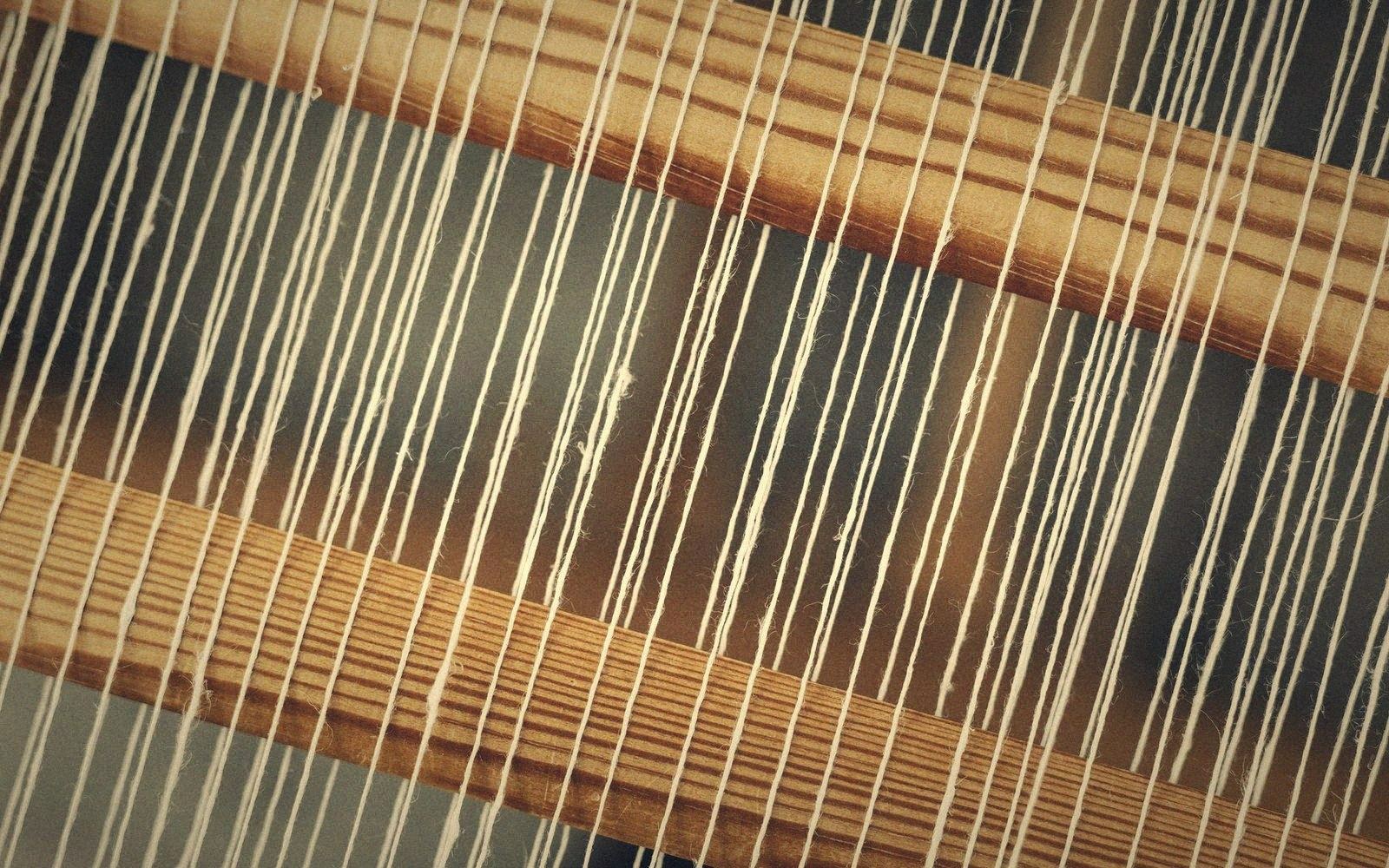 Close-up of white cotton threads strung tightly across wooden loom bars
