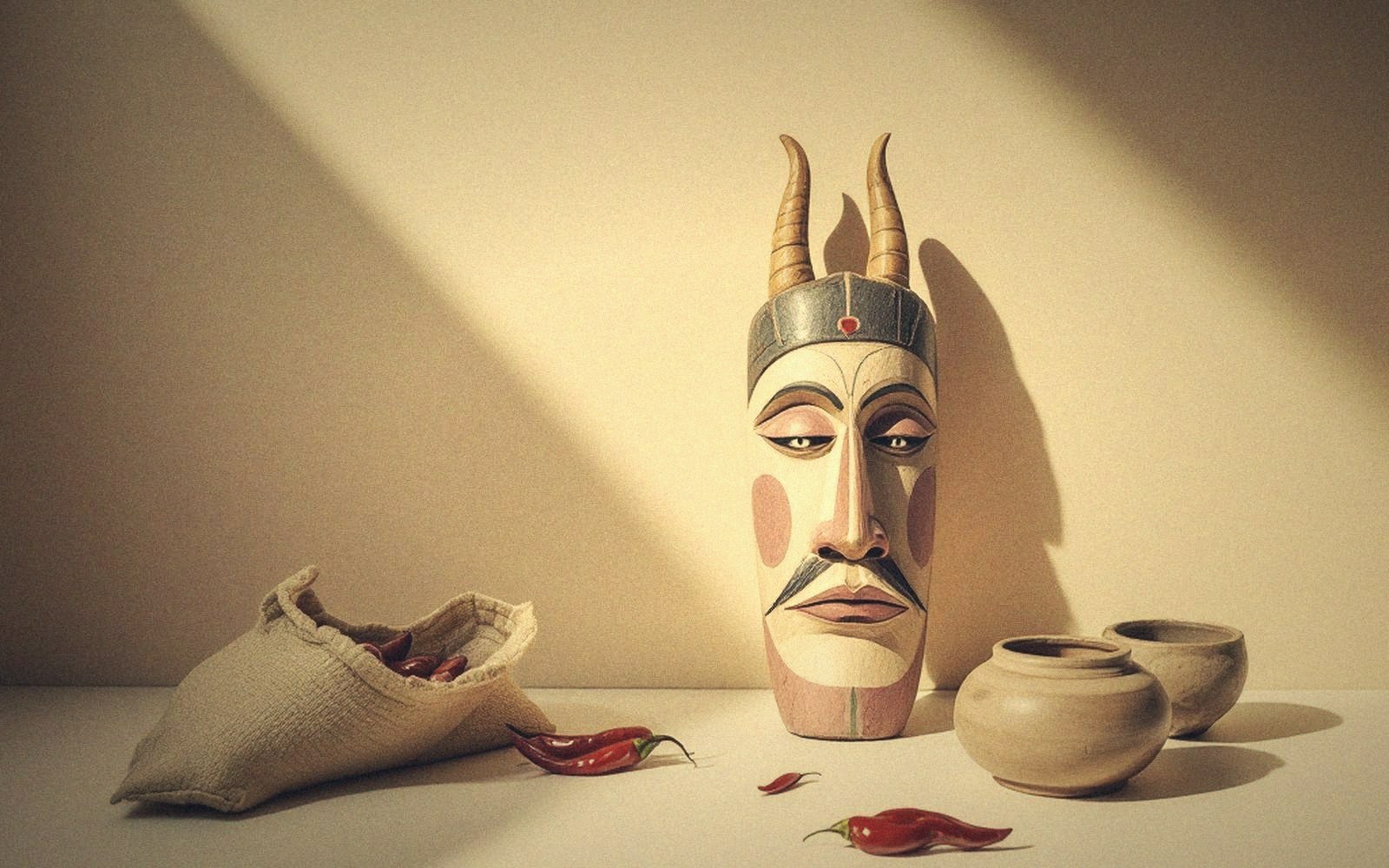 A horned wooden mask stands beside clay pots and a cloth sack of red chili peppers