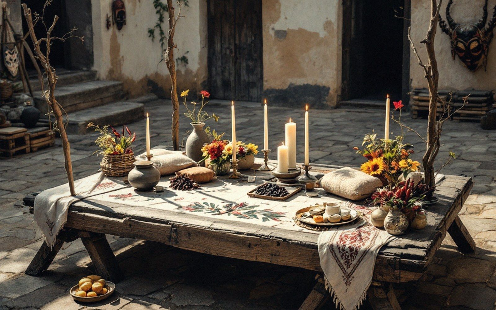 Rustic wooden table set with candles, flowers, embroidered cloth and pottery in a stone courtyard